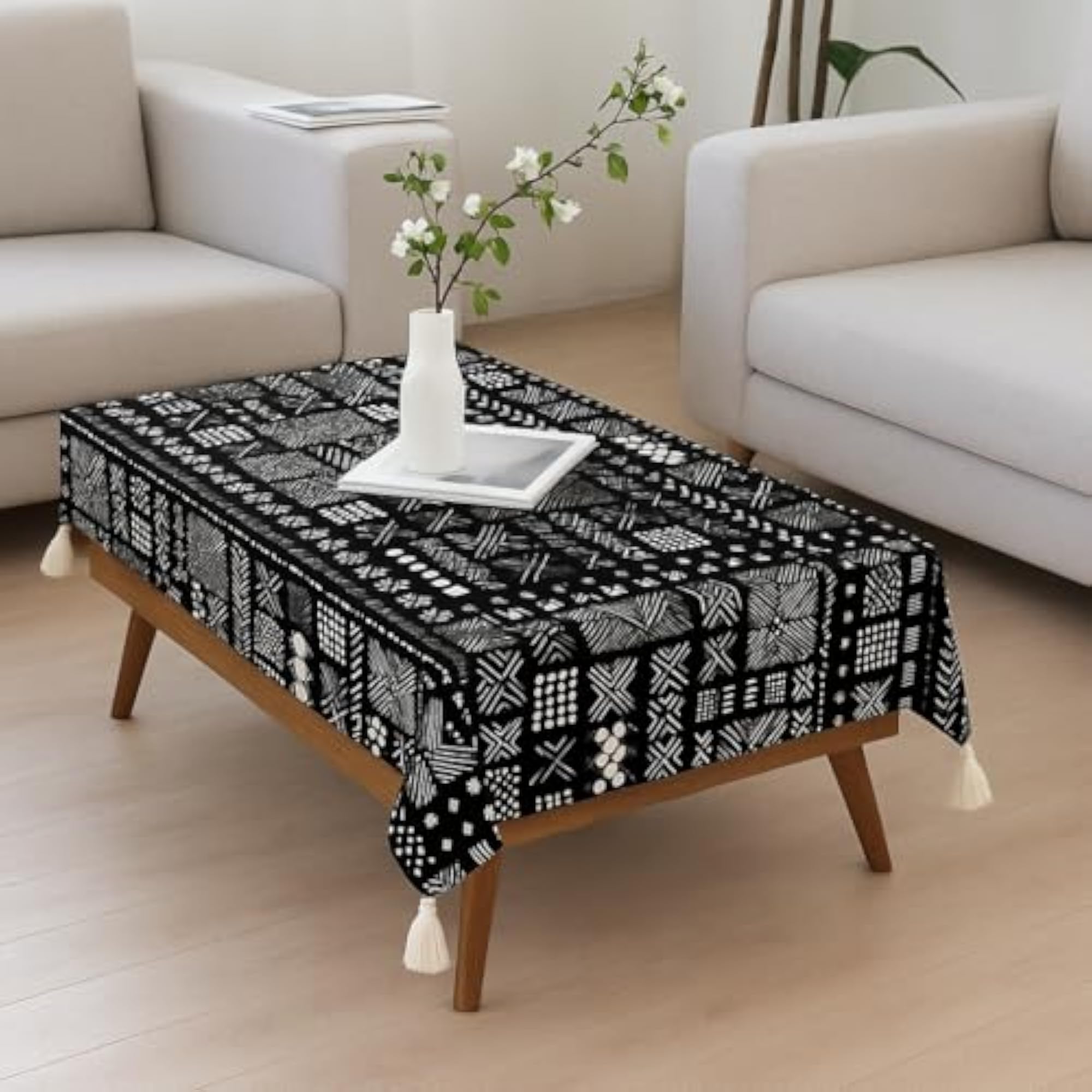 Black Tribal Corner Tassel Boho Printed Dining Table Cover Rectangle Shape 24"x 48"